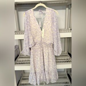 NWT Lovestitch Chiara Split Sleeve Bohemian White‎ & Purple Leaf Mini Dress Sz M